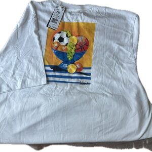 Adidas White Tee with Sports and Fruit Graphic